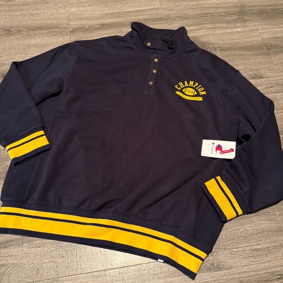 NWT Champion Phys Ed Football Mock Neck Sweatshirt Navy Gold Retro Men Size XL - Picture 1 of 5